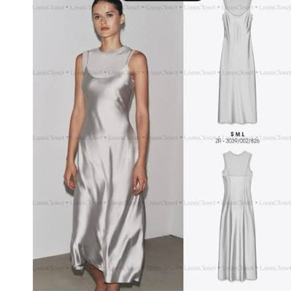 NWT Zara Silver Satin Layered Slip Maxi Dress Size Medium Quiet Luxury 3039/002 - Picture 15 of 15